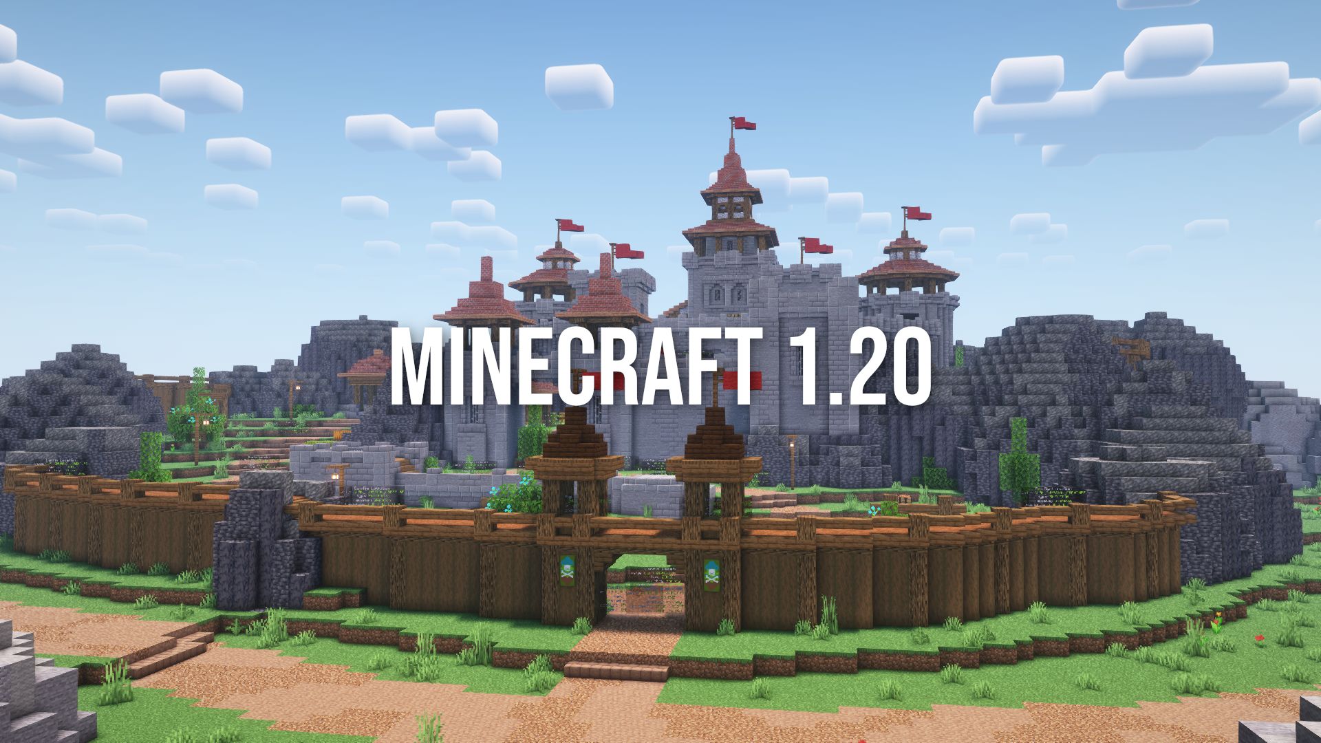 Eine Schloss mit hölzerner Burgmauer und dem Schriftzug "Minecraft 1.20"